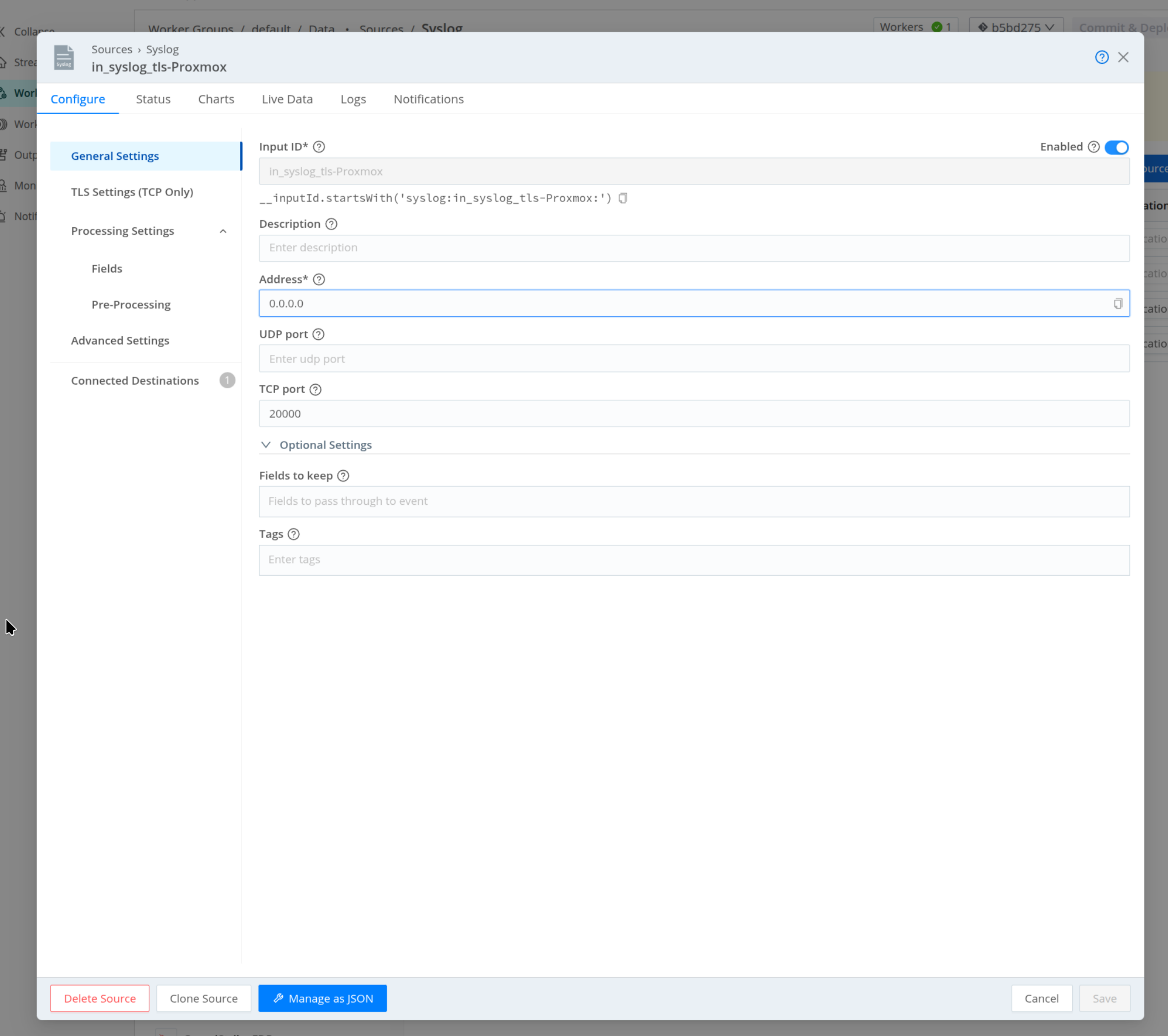 Cribl Syslog source configuration for in_syslog_tls-Proxmox showing TCP port 20000