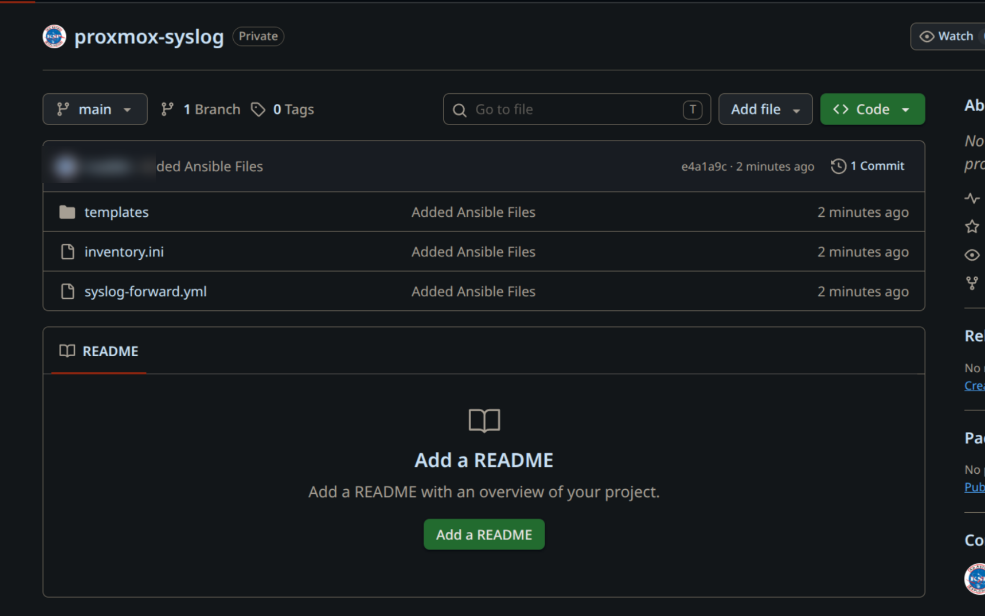 Private GitHub repository named proxmox-syslog containing inventory.ini, syslog-forward.yml, and a templates folder