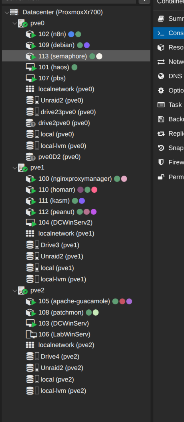 Proxmox datacenter tree view showing pve0, pve1, pve2 and the Semaphore container CT 113 on pve0