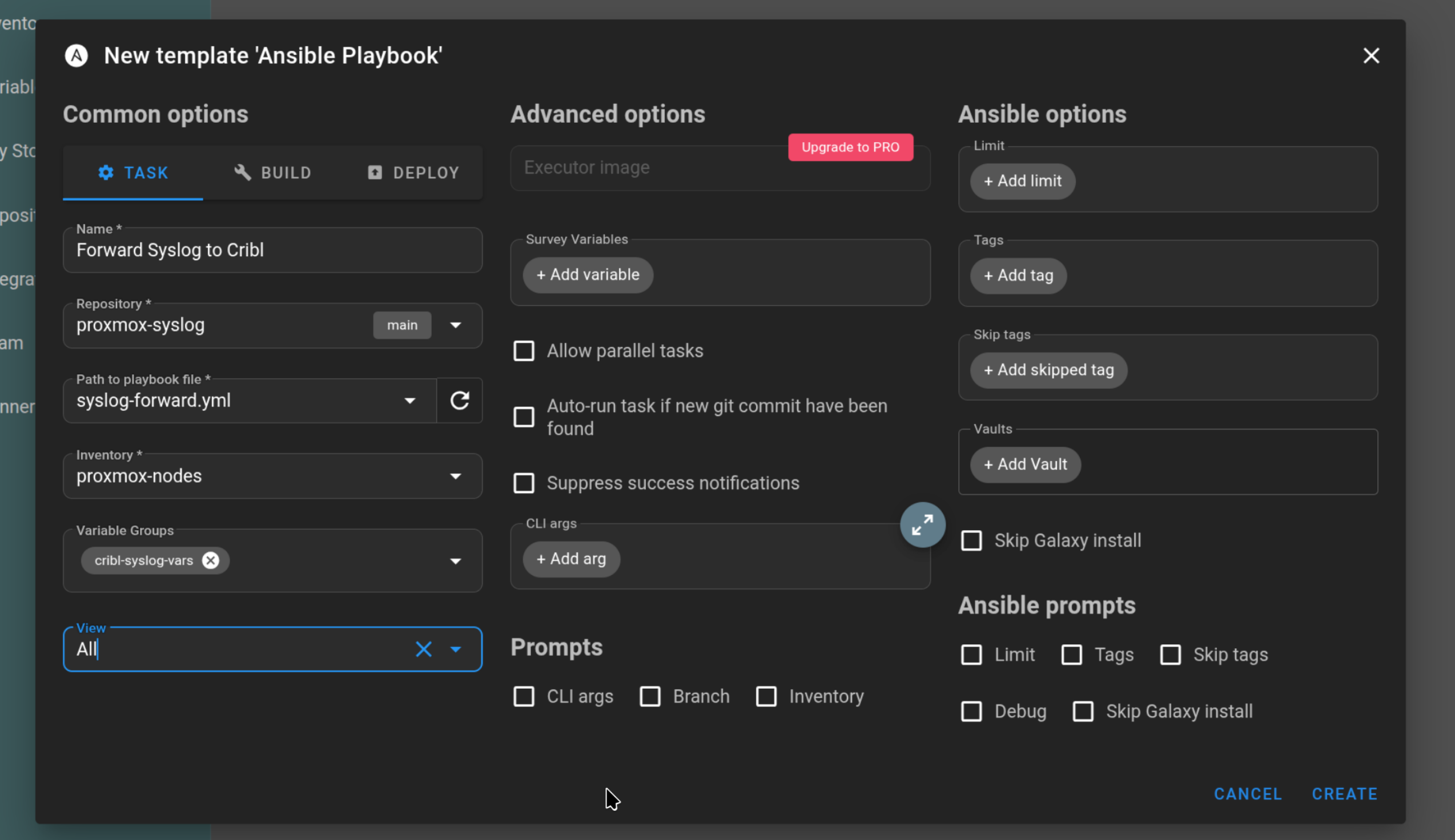 Semaphore New template dialog named Forward Syslog to Cribl linking the proxmox-syslog repository, syslog-forward.yml playbook, proxmox-nodes inventory, and cribl-syslog-vars variable group