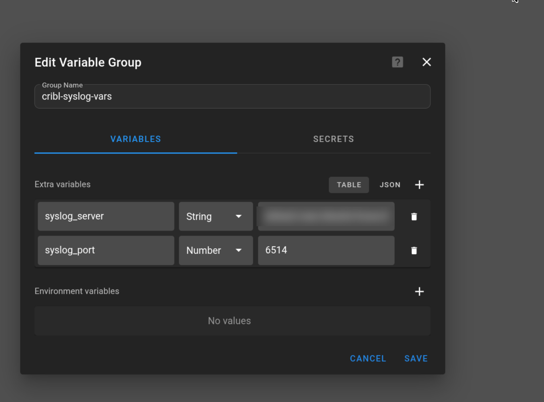 Semaphore Edit Variable Group dialog named cribl-syslog-vars with extra variables syslog_server and syslog_port